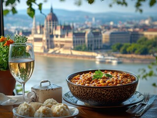 Fototapeta premium Savor hungarian goulash while enjoying the scenic view of budapest parliament