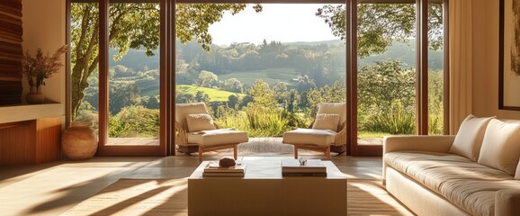 Fototapeta premium Modern Living Room with Panoramic View of Rolling Hills and Lush Greenery