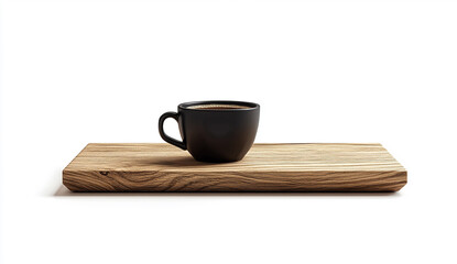 Wooden table with a coffee cup, isolated on a white background.