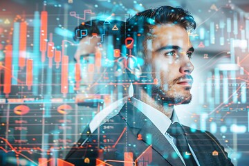 Double Exposure Businessman Analyzing Financial Market Trends with Data Visualization Overlay in Modern Office Environment, Focused on Future Growth and Investment Opportunities