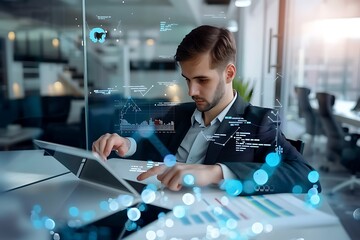 Focused Businessman Analyzing Data on Tablet in Modern Office with Digital Graphs and Visualizations Representing Financial Analysis and Technology Integration