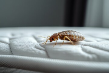 A sharp close-up of a bed bug crawling on a plush white mattress, highlighting the detailed texture of its segmented body.