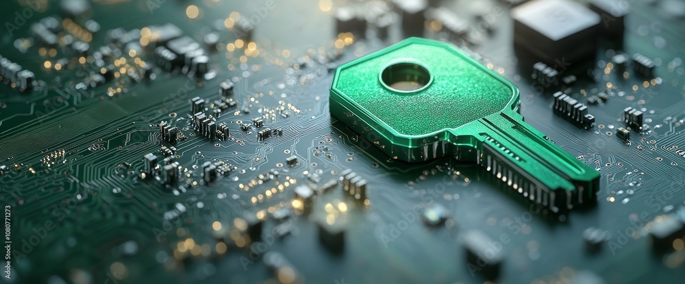 Poster an icon representing a green digital key topped with a circuit board pattern.