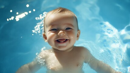 A baby is smiling and splashing in a pool