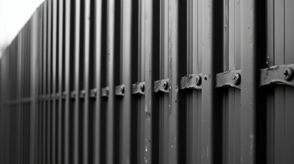 Industrial elegance meets texture in this close-up of a slightly dented, reflective metal wall with repeated rivets.