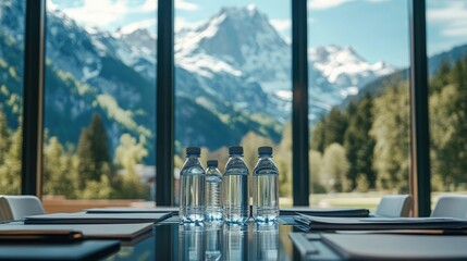 Four bottles of water on a conference table with a stunning view of snow-capped mountains in the background.