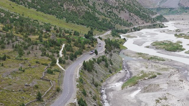 Aerial drone shot of Jispa, a city situated in mountains. 