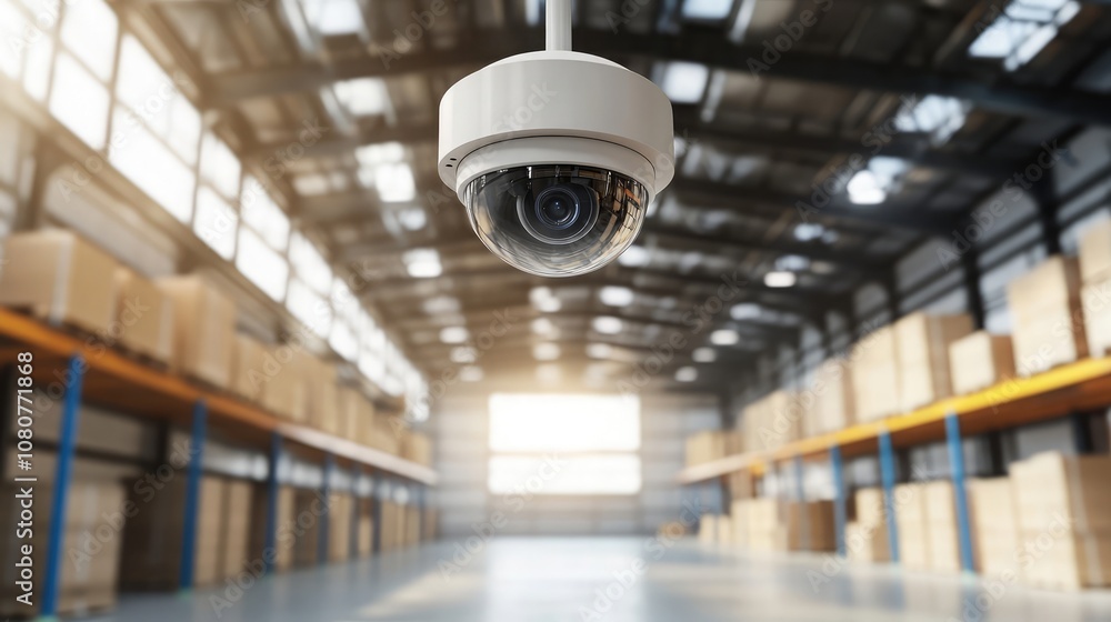 Poster a security camera hangs from the ceiling of a large warehouse, overlooking rows of stacked boxes.