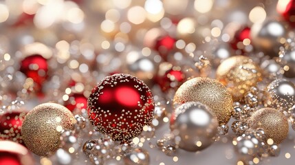 Red and Gold Christmas Ornaments with Glitter and Bokeh