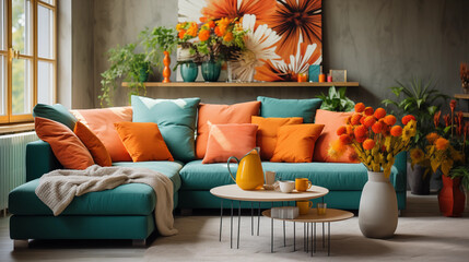 Teal Sectional Sofa with Orange Pillows in Modern Living Room