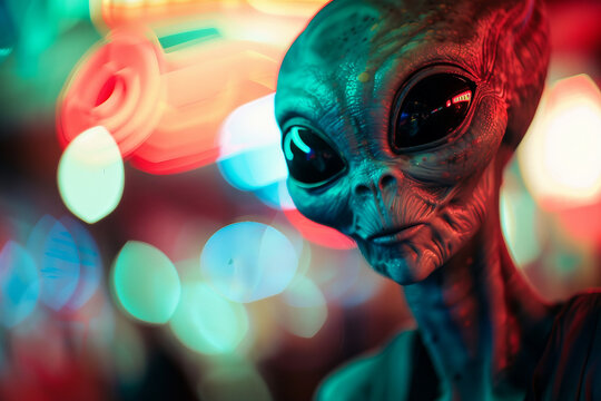 Image of extraterrestrial alien in glowing light night club generative AI