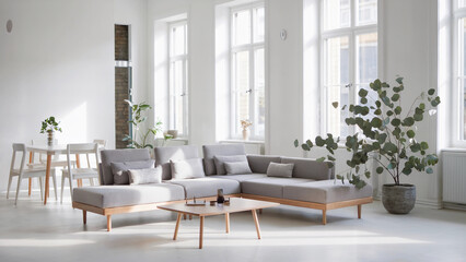 Bright Scandinavian Living Room with Gray Sofa and Natural Light