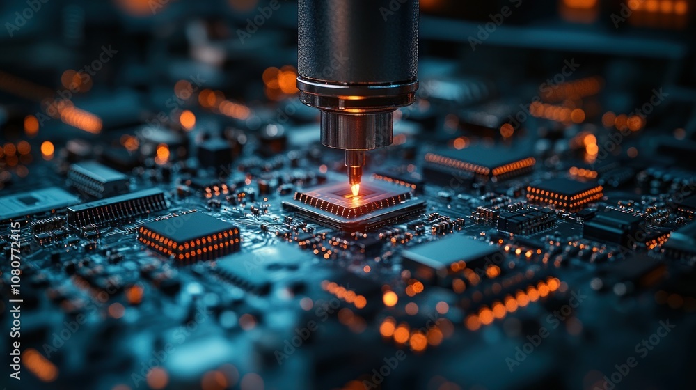 Poster close-up of a circuit board with a laser precision tool.