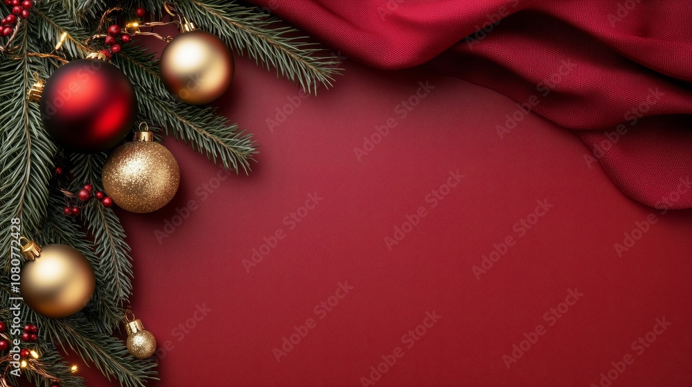 Poster frame of red chrismtas background with snowy christmas tree branches