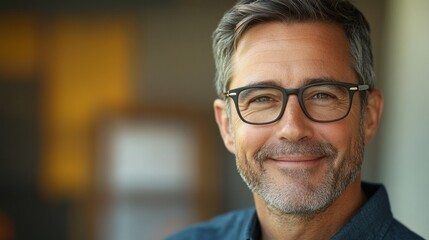 Fototapeta premium A man with glasses is smiling and looking at the camera