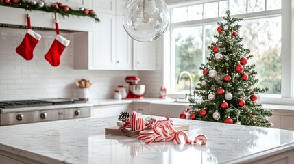 White marble kitchen island with a Christmas tree, festive ornaments, and candy canes in a holiday setting.