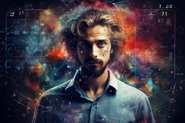 Young scientist face math formula generative AI illustration background