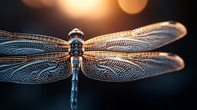 A beautiful close-up of a dragonfly displaying intricate wing patterns and vibrant colors against a softly lit background.