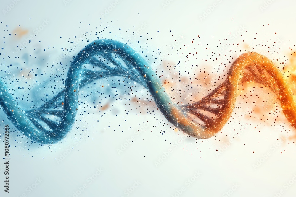 Poster an abstract dna spiral featuring colorful geometric shapes set against an isolated white background.