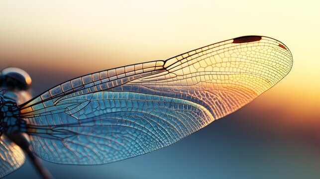 A close-up of a delicate dragonfly wing showcasing vibrant colors and intricate patterns against a serene sunset backdrop.