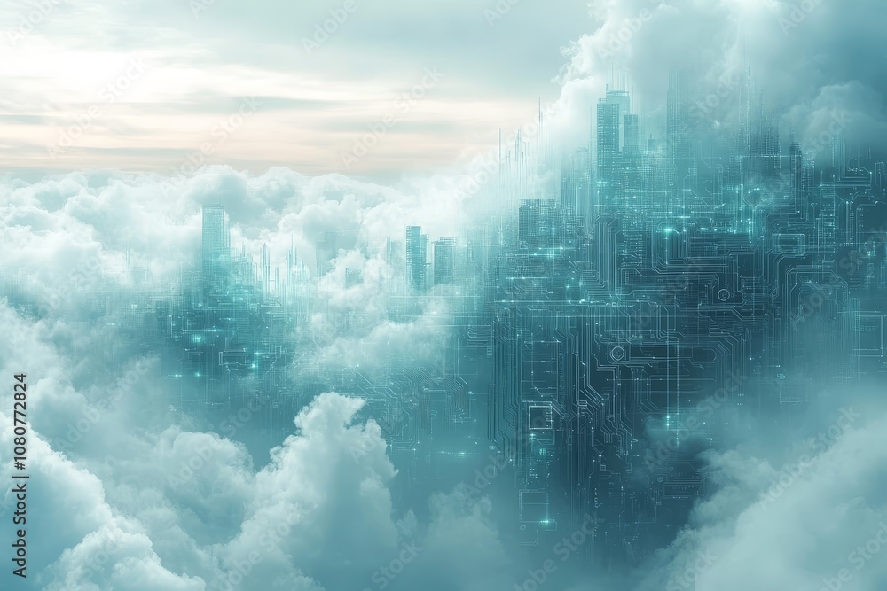 Poster a completely abstract cloud computing network system is shown with blue lines and nodes on a white b