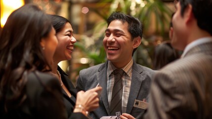 A group of colleagues laughing and exchanging business cards at a designated networking area.