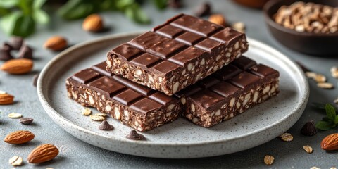 Close-up of three chocolate oat and almond bars on a plate.