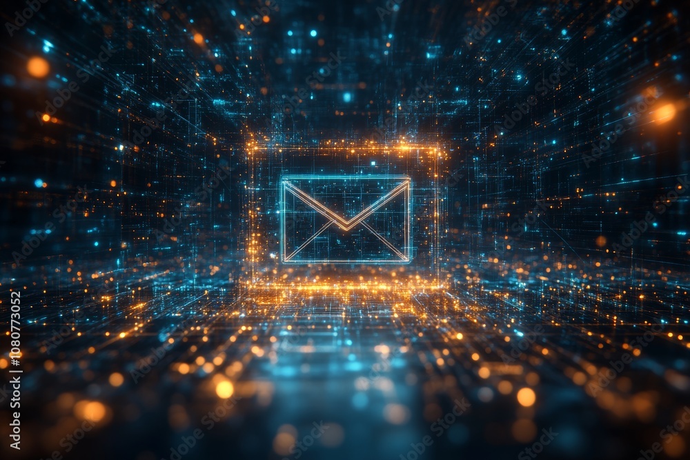 Poster an electronic mail icon in blue tones with circuit lines on a white background. this is a 3d renderi