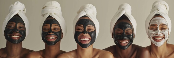 A group of happy women in a spa connect and unwind with facial masks and towels, enjoying a luxurious and refreshing moment while indulging in relaxation and pampering in a serene setting