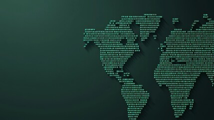 Fototapeta premium A digital world map composed of binary code, representing the fusion of technology and global connectivity.