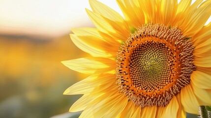 Fototapeta premium A vibrant close-up of a sunflower basking in sunlight, showcasing its yellow petals and intricate seed pattern.
