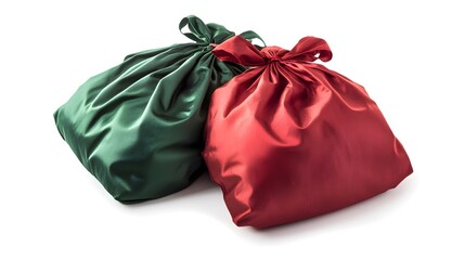 A red bag full of wrapped gifts, green and pink gift boxes, isolated on a white background
