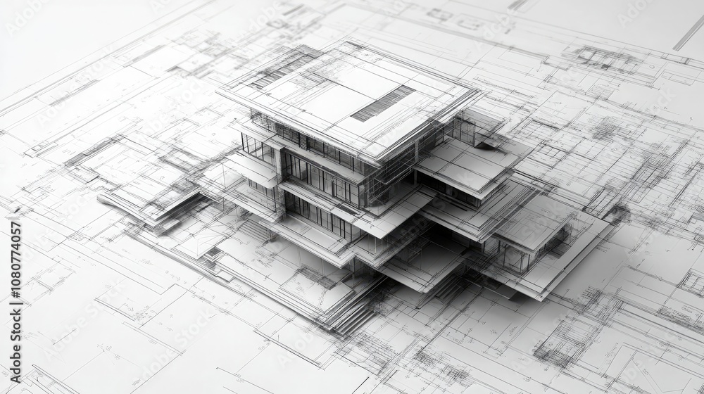 Poster a 3d rendering of a modern house design on architectural blueprints.