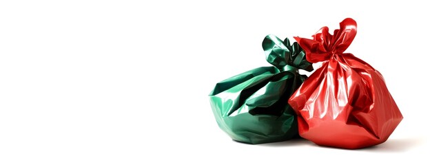 A red bag full of wrapped gifts, green and pink gift boxes, isolated on a white background