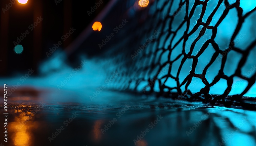 Poster a close-up shot of a net with blue lighting, creating an atmospheric look that highlights its textur
