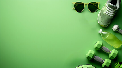 Workout essentials on vibrant green background with shoes, weights, and sunglasses. Generative AI
