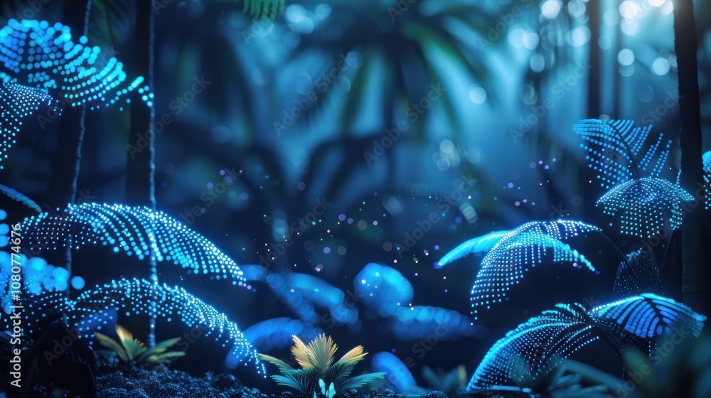 Poster A digital rendering of a lush tropical forest with glowing blue leaves and a bokeh effect.