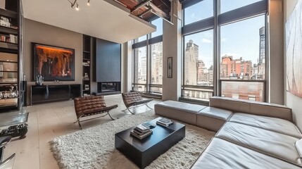 Modern living room with a large sectional sofa, a plush rug, and floor-to-ceiling windows offering a stunning city view.