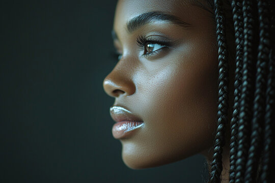 Elegant young african american woman with box braids with natural hair texture,.