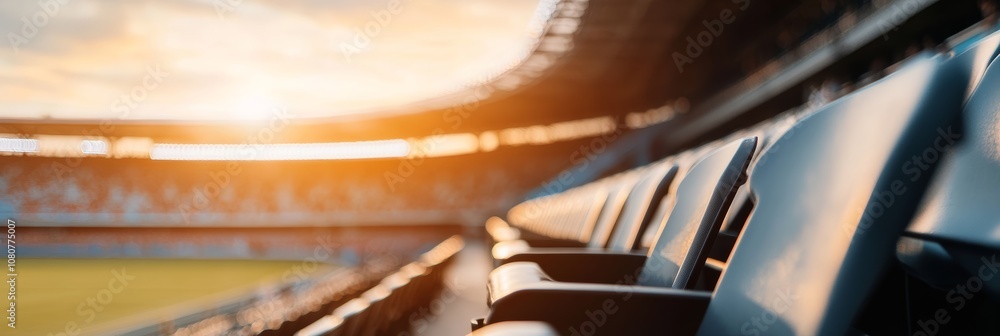 Aufkleber Rows of empty plastic seats stretch into the distance in a large stadium, bathed in the warm glow of the setting sun, creating a tranquil scene before the excitement of a sporting event begins