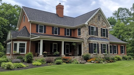 Obraz premium A large brick and stone house with a front porch and a manicured lawn.