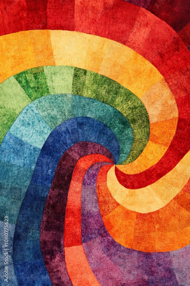 Poster colorful abstract spiral pattern with vibrant rainbow hues and textured fabric design, creating a dy