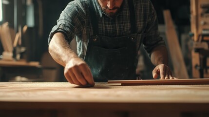 close up man owner a small furniture business is preparing wood for production. carpenter male is adjust wood to the desired size. architect, designer