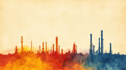 Obraz premium A colorful silhouette of industrial structures against a gradient backdrop, highlighting the interplay of sunset hues with the stark outlines of a refinery.