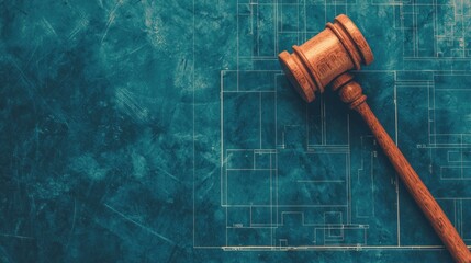 A wooden gavel rests on a textured blue background, symbolizing justice and the legal system.