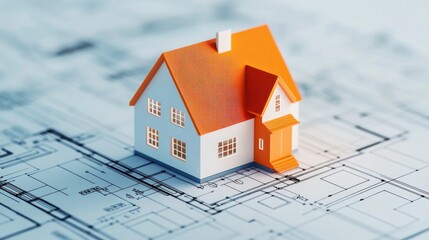 A miniature house model placed on architectural blueprints, symbolizing construction, design, and the real estate industry.