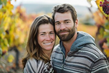 Fototapeta premium Portrait of a glad couple in their 30s dressed in a comfy fleece pullover isolated on backdrop of rolling vineyards