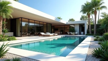 Fototapeta premium Modern luxurious outdoor space, pool, tropical plants