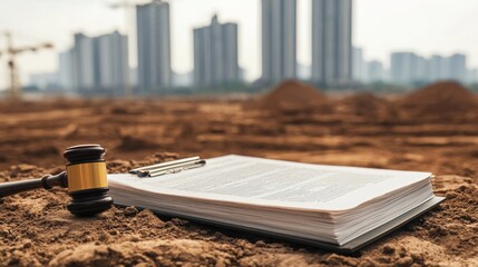 A legal gavel rests on construction site paperwork, with modern buildings under construction in the background.