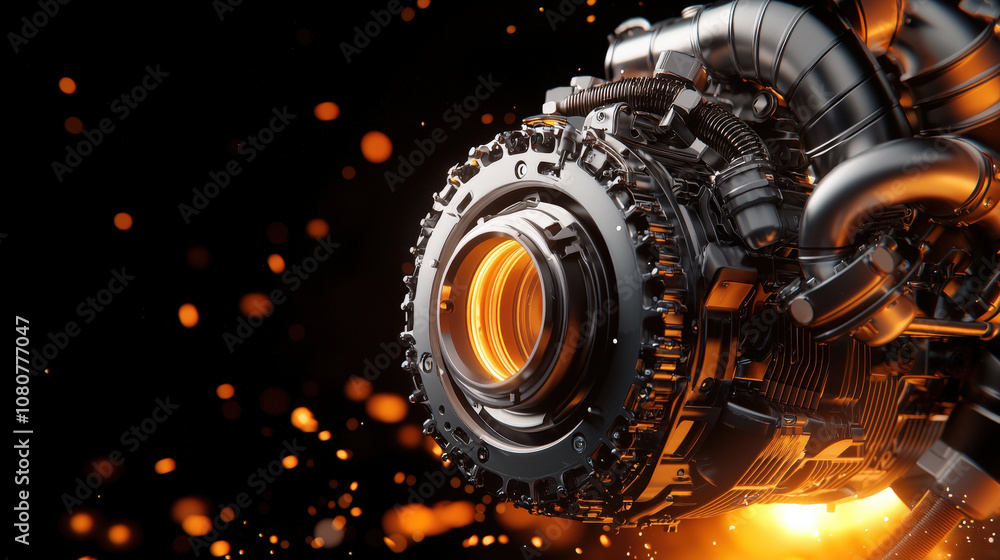 Poster dynamic scene of turbocharger installation showcasing intricate details and vibrant sparks. powerful